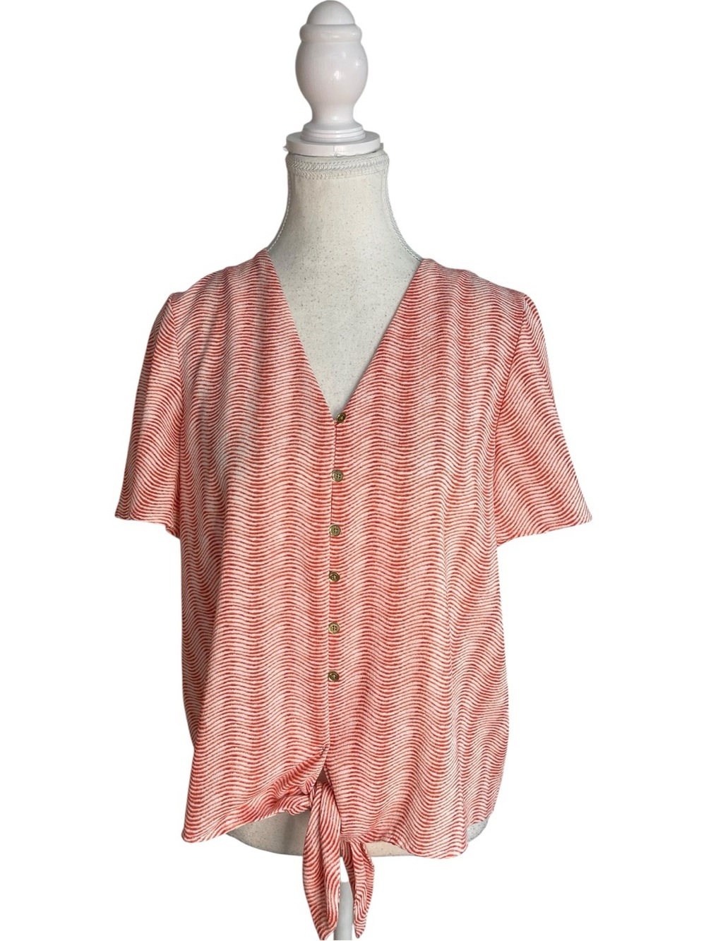 MICHAEL Michael Kors Wavy Stripe Tie-Front Button Down Top Coral White